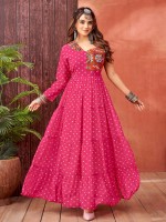 Hot Pink Blooming Faux Georgette Readymade Gown